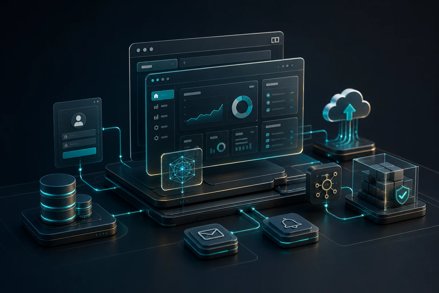 SaaSの管理画面、認証、データベース、API連携が組み上がる3Dイメージ