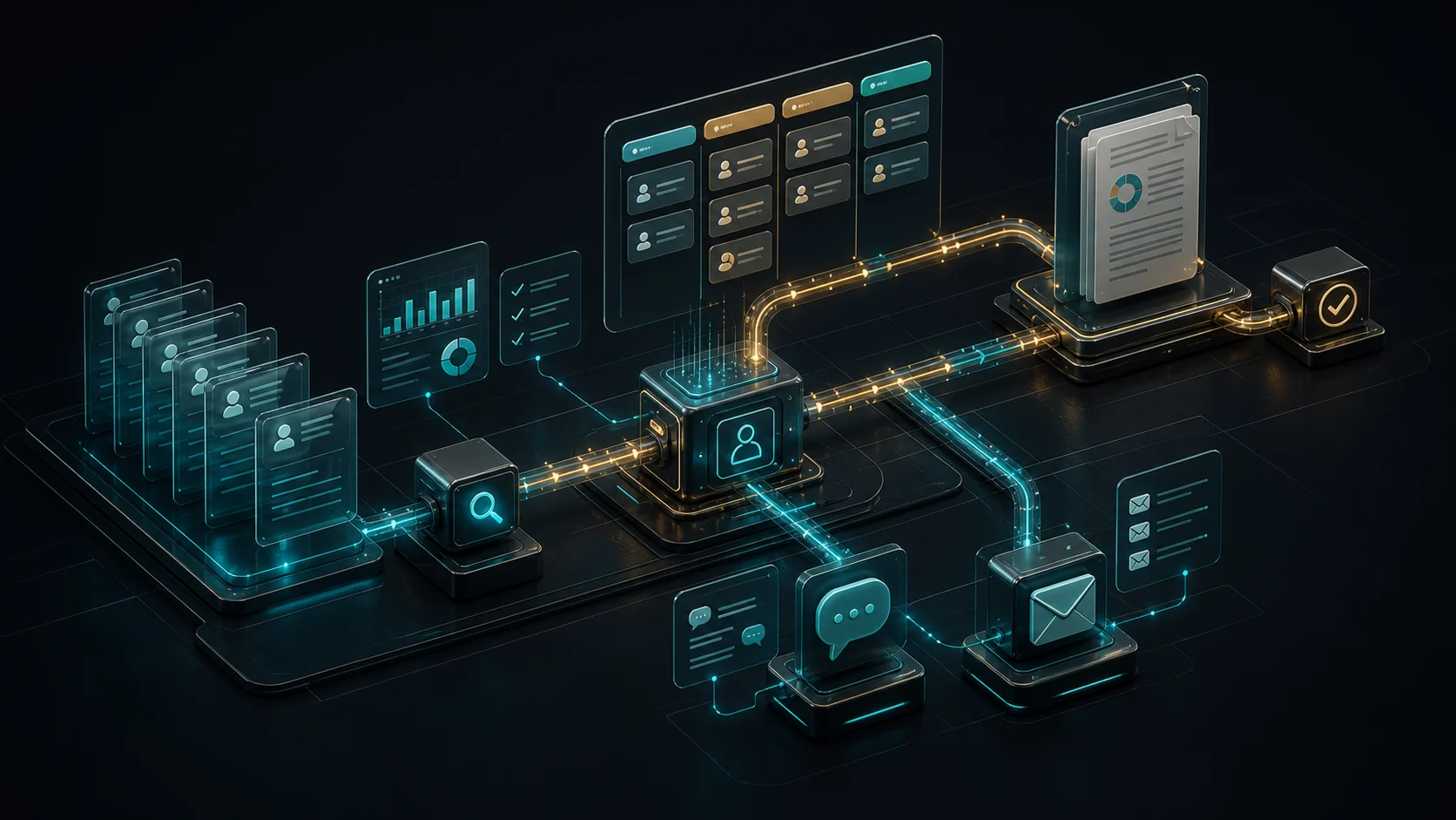 営業リード、CRM、提案書、フォローアップがAIでつながる3Dイメージ